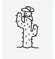 a black and white drawing of a cactus with a hat on it's head