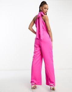 Ever New tie neck jumpsuit in pink satin | ASOS Chic Spring Satin Jumpsuits And Rompers, Satin Jumpsuits And Rompers For Night Out In Spring, Spring Satin Jumpsuit For Night Out, Chic Satin Pantsuit For Spring, Elegant Pink Jumpsuits And Rompers For Work, Sleeveless Pink Pantsuit For Spring, Sleeveless Pink Pantsuit For Work, Pink Sleeveless Pantsuit For Work, Pink Party Jumpsuits And Rompers