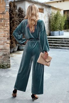 Ribbed velvet two piece pant set Drop Shoulder Top, Velvet Sleeve, Style Upgrade, Weave Style, Velvet Fashion, Elastic Waist Pants, Pantalon Large, Suit Fashion, Waist Pants