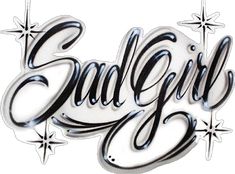 the word sandy girl written in cursive black and white ink with stars around it