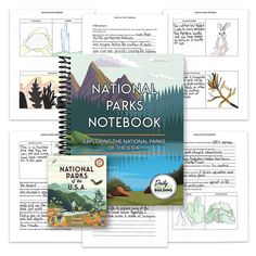 the national parks notebook is open to pages with illustrations on it and an image of trees