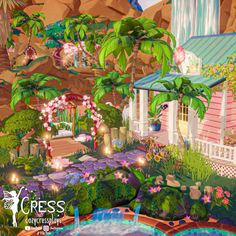 the garden is full of flowers, plants and trees in front of a pink house