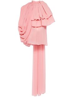 blush pink georgette draped design gathered detailing sash detail mock neck rear button fastening single short sleeve single long sleeve asymmetric neck Quirky Outfits, Isabel Sanchis, Georgette Blouse, Designer Drapes, City Dress, Airport Fashion, Pretty Dress, Exclusive Fashion, Saint Tropez