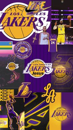 the los angeles lakers basketball team is depicted in this collage with their name and number