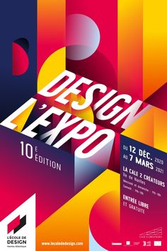 a poster for the design expo with colorful shapes and lines on it's sides