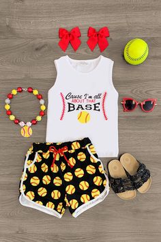 Cause I'm All About That Base Softball Short Set Skirt Set Sparkle In Pink Cheerleading Birthday, Girls Baseball, Softball Outfits, Boutique Outfits, Sparkle In Pink, Twin Outfits, Red Tie, Spandex Shorts, Simple Trendy Outfits