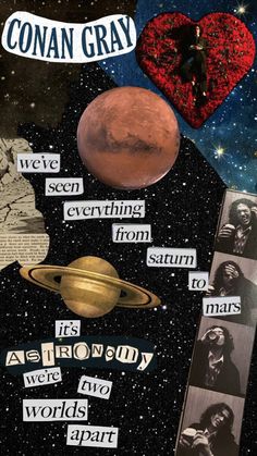 collage of images with words and pictures in the middle, including an image of saturn