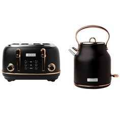 two black and gold kettles sitting next to each other on a white background,