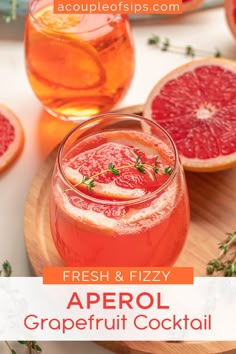 fresh and fizzy aperoli cocktail with grapefruit on the side, garnished with herbs