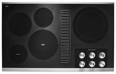 an electric cooktop with four burners and knobs on the front, in stainless steel