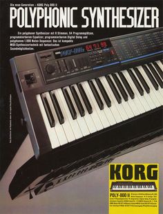 an electronic keyboard is featured in this advertisement for korg music instruments, which has been sold