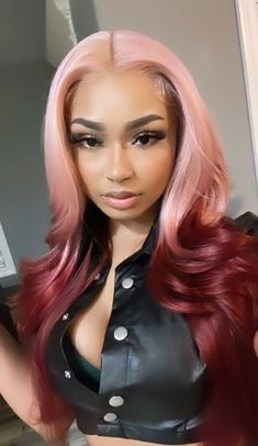 This unit ships in 2-3 business days Type of Hair: Synthetic Hair Texture: Loose Curls Hair Length: Long Hair Color: 2 Toned Pink/Red Also available in #1, #1b & #2 Cap Style: Lace front wig with (13x4) parting space and adjustable straps and combs - (cap stretches) Heat Safe: Heat resistant up to 350 degrees Part/Ventilation: The wig has (13x4) parting space that will allow you to part it anywhere in the front :::HEAT SAFE::: Our synthetic and human hair blend wigs are heat safe and can be curl Lace Front Install, Hair Skunk Stripe, Middle Part Curly Hair, Loose Curls Hairstyles, Dyed Hair Inspiration, Long Hair Color, Hair Dye Colors, Hair Inspiration Color, Sew In