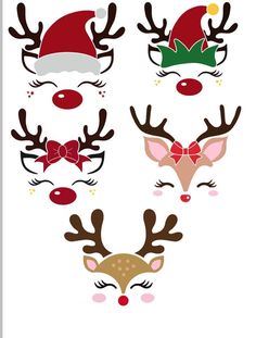 four christmas reindeer head cut outs with santa hats and bows on their heads, all in different colors