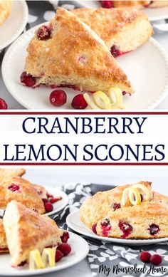 cranberry lemon scones on white plates with text overlay