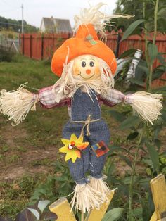 a scarecrow doll standing in the middle of a garden