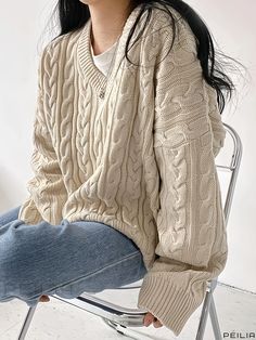 Peilia - Refined Womens V-Neck Cable Knit Sweater: Timeless Long-Sleeve Pullover in Loose Fit and Vintage Style Beige Knitted V-neck Sweater, Beige V-neck Cable Knit Top, Cream V-neck Knitted Sweater, Cream Knitted V-neck Sweater, Casual Beige Knitted V-neck Sweater, Beige V-neck Casual Sweater, Beige Casual V-neck Sweater, Casual Beige V-neck Sweater, Seasons Winter