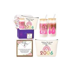 the new baby girl gift set includes two personalized bottles, a card and an envelope