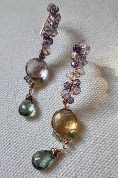 Multigemstone Handmade Earrings, Ametrine, Aquamarine, Green Quartz, Rose Gold Plated Silver925 by LaBCafe on Etsy Bar Jewelry, Color Lab, Earring Ideas, Green Quartz, Quartz Rose, Wire Earrings, Stone Jewelry, Handmade Earrings, Shop Necklaces