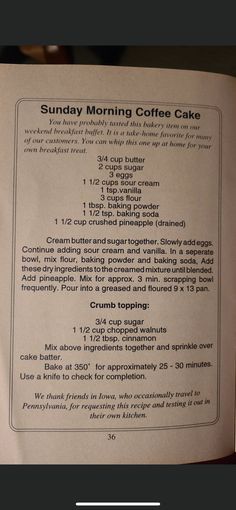 the menu for sunday morning coffee cake