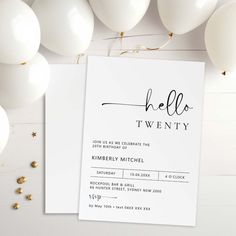 a white card with the word hello twenty printed on it next to balloons and confetti