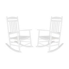 two white rocking chairs sitting next to each other on a white background with no one in it