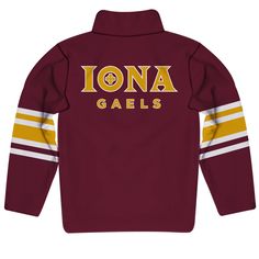 Iona College Gaels Game Day Maroon Quarter Zip Pullover Sweatshirt for Toddlers and Youth by Vive La FeteLet your kiddos look cool in their new team spirit fleece Quarter Zip pullover sweatshirt. Whether they're playing, heading to the game, or cheering loudly and proudly, this pullover sweatshirt by Vive La Fete is the perfect choice. They are a perfect gift to keep the new fan in the family cheering for your favorite team. Key Features: Sizes: Toddler and Youth Classic design with quarter-zip Winter School Spirit Long Sleeve Sweater, Winter Long Sleeve Sweater For School Spirit, Team Spirit Winter Tops For College, Winter Team-colored Tops With Ribbed Cuffs, Winter Tops With Ribbed Cuffs In Team Colors, Winter Fan Apparel Tops With Team Name, Winter College Fan Apparel Tops, School Spirit Graphic Print Top For Winter, Ribbed Cuffs Tops For School In Fall