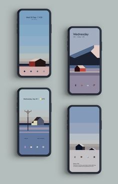 four smartphones with different screens showing the same landscape