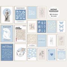 various greeting cards with blue and white artwork on the front, including an image of a statue