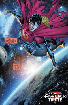 superman flying over the earth with his cape open in front of him, and an image of