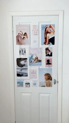 a white door covered in pictures and magnets