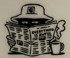 a drawing of a newspaper with a fireman hat on it and a cup of coffee