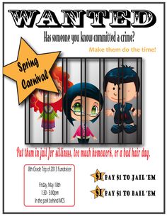 a flyer for an upcoming event with cartoon characters behind bars and text that says wanted