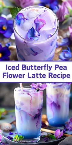 iced butterfly pea flower latte recipe in two glasses with flowers on the side and text overlay reading iced butterfly pea flower latte recipe