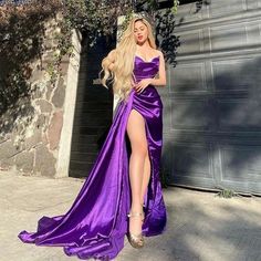 Violet Purple Prom Dresses, Purple Prom Looks, Purple Dresses Prom, Dark Purple Formal Dress, Royal Purple Prom Dress, Pleated Prom Dress, Prom Dress Purple, Prom Dress With Split, Satin Pattern