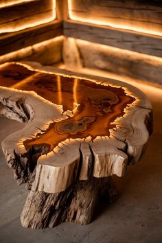 a wooden bench made out of logs with light shining on it