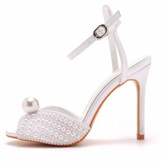 Details: Style: Elegant Embellishment: Faux Pearl Heels Type:?Stiletto Heel height: 4.13inch Closure Type:?one-strap buckle Toe: Peep Toe Upper Material: Satin Sole Material:?Rubber Lining Material:?PU Leather White Heels With Buckle Closure For Evening, White Evening Heels With Buckle Closure, White Wedding Heels With Buckle Closure, Pearl Embellished Heels For Party, Pearl Heels, Elegant High Heels, Dress Purchase, Style Elegant, Different Fabrics