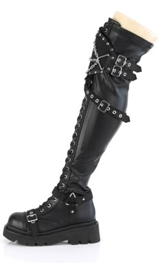 Edgy Knee-high Boots For Streetwear, Fitted Punk Platform Boots For Alternative Fashion, Black Punk Knee-high Boots For Alternative Fashion, Gothic Knee-high Boots For Streetwear, Punk Leather Knee-high Boots For Concert, Gothic Knee-high Boots For Fall Alternative Fashion, Black Gothic Knee-high Boots For Streetwear, Gothic Black Knee-high Boots For Streetwear, Black Gothic Knee-high Faux Leather Boots