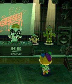 an animated character is standing in front of a stage with microphones and sound equipment