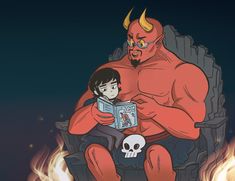 a cartoon character sitting on a throne reading a book next to a kid with horns