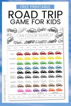 the printable road trip game for kids with colorful cars on it and blue sky in the background