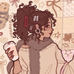 a drawing of a woman with curly hair holding a cup of coffee in her hand