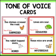 four different types of voice cards with the words,'tone of voice cards '