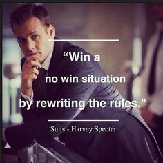 a man in a suit sitting down with his hand on his chin and the caption says, win a no win situation by retrieving the rules