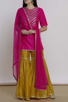 Yellow Gharara, Pink Gharara, Silk Kameez, Yellow Sharara, Pink Kurti, Pink Dupatta, Short Kurta, Embellished Clothing