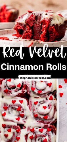 red velvet cinnamon rolls with white frosting and hearts on them