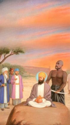 a painting of jesus sitting on top of a rock with other people standing around him