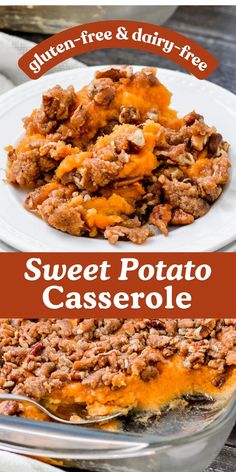 Gluten-Free Sweet Potato Casserole with Pecans is a delicious and comforting dish perfect for the holiday season. This classic dish is made with mashed sweet potatoes, dairy-free butter, and a crunchy pecan topping with brown sugar and cinnamon. Easy Gluten Free Sweet Potato Casserole, Gluten Free Dairy Free Egg Free Sweet Potato Casserole, Sweet Potato Casserole Vegan Gluten Free, Gluten Free Dairy Free Thanksgiving Side Dishes, Gluten Dairy Free Sweet Potato Casserole, Gluten Free Dairy Free Sweet Potatoe Casserole, Non Dairy Sweet Potato Recipes, Dairy Free And Gluten Free Thanksgiving Recipes, Easy Thanksgiving Gluten Free Desserts Recipes