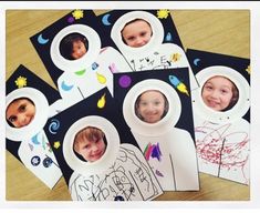 four pictures of children in paper plates on a table