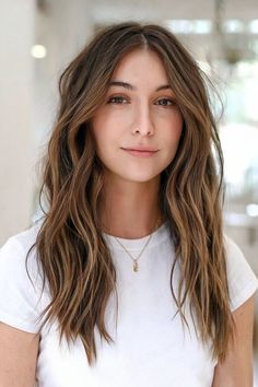 Long wavy brown hair with soft balayage highlights for a natural, sun-kissed look. Pretty Brown Hair, Hot Brown, Go Browns, Brown Hair Shades, Brunette Color, Beautiful Hair Color, Brown Balayage, Latest Hairstyles, Hair Color Trends