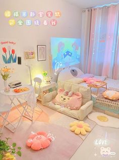 this is a bedroom with hello kitty decorations on the walls and in the bed room